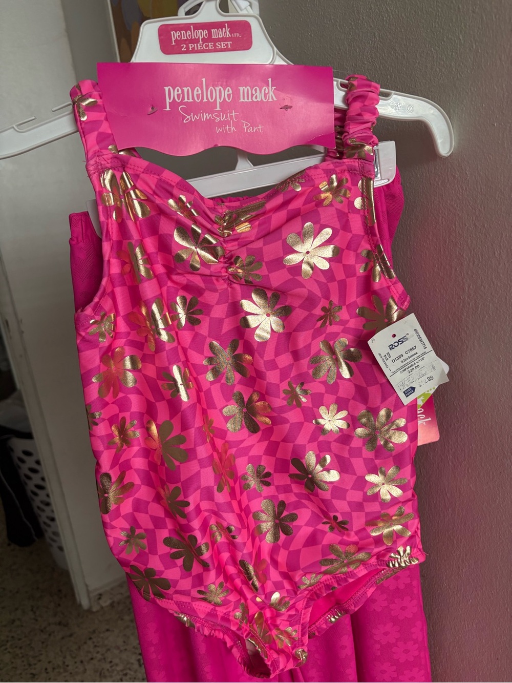 Penelope Mack Hot Pink with Gold Floral Foil Girls One-Piece Swimsuit with pants
